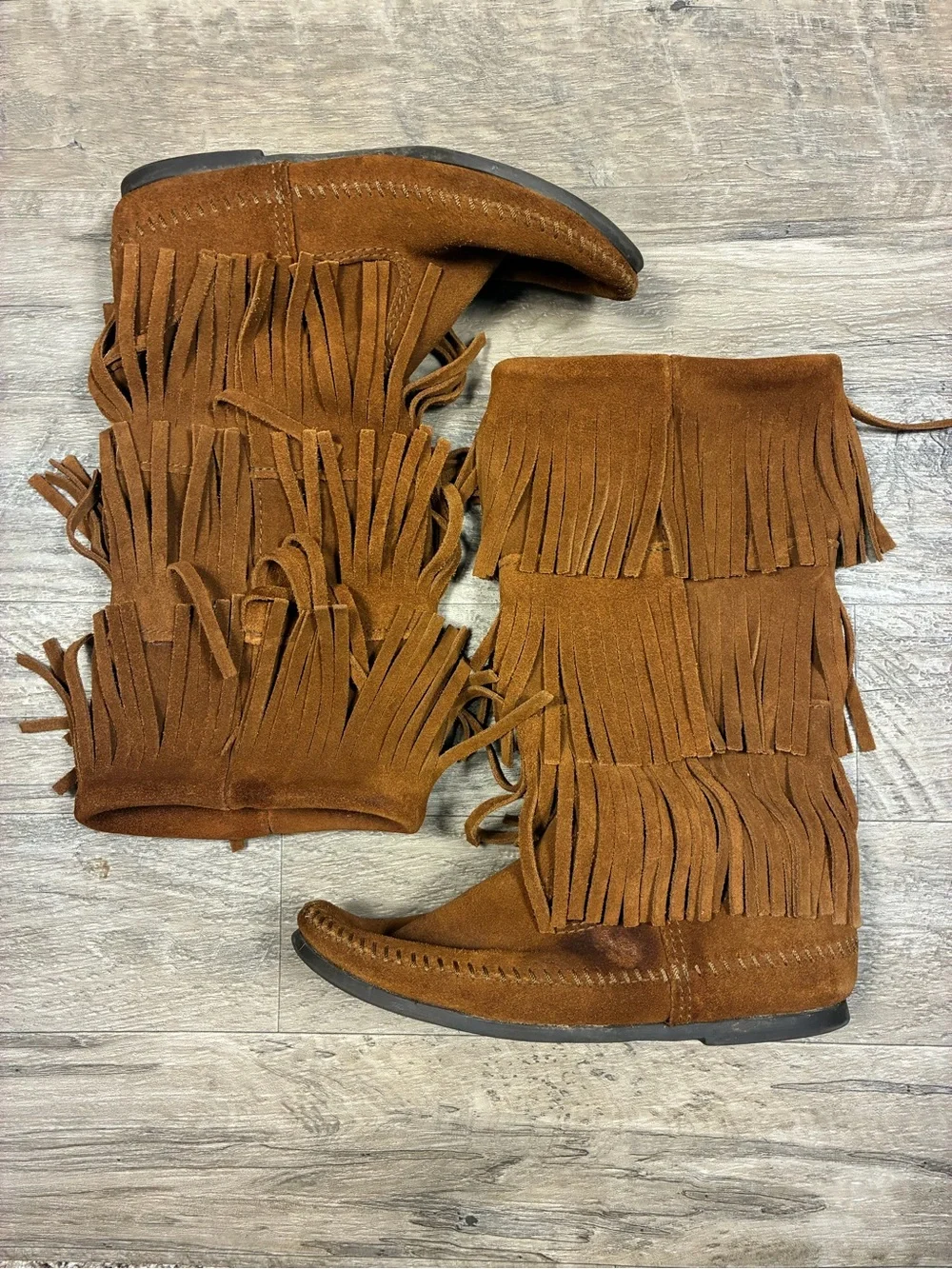 Minnetonka Three Fringe Suede Moccasin Pull On Western Boots Mid Calf